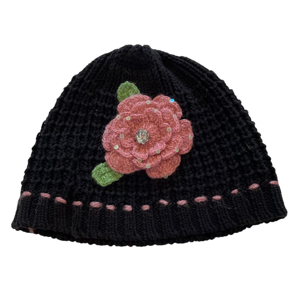 Black Cotton Knit Beanie with Pink Crochet Flower, Y2K, Whimsigoth, Fairy, OS